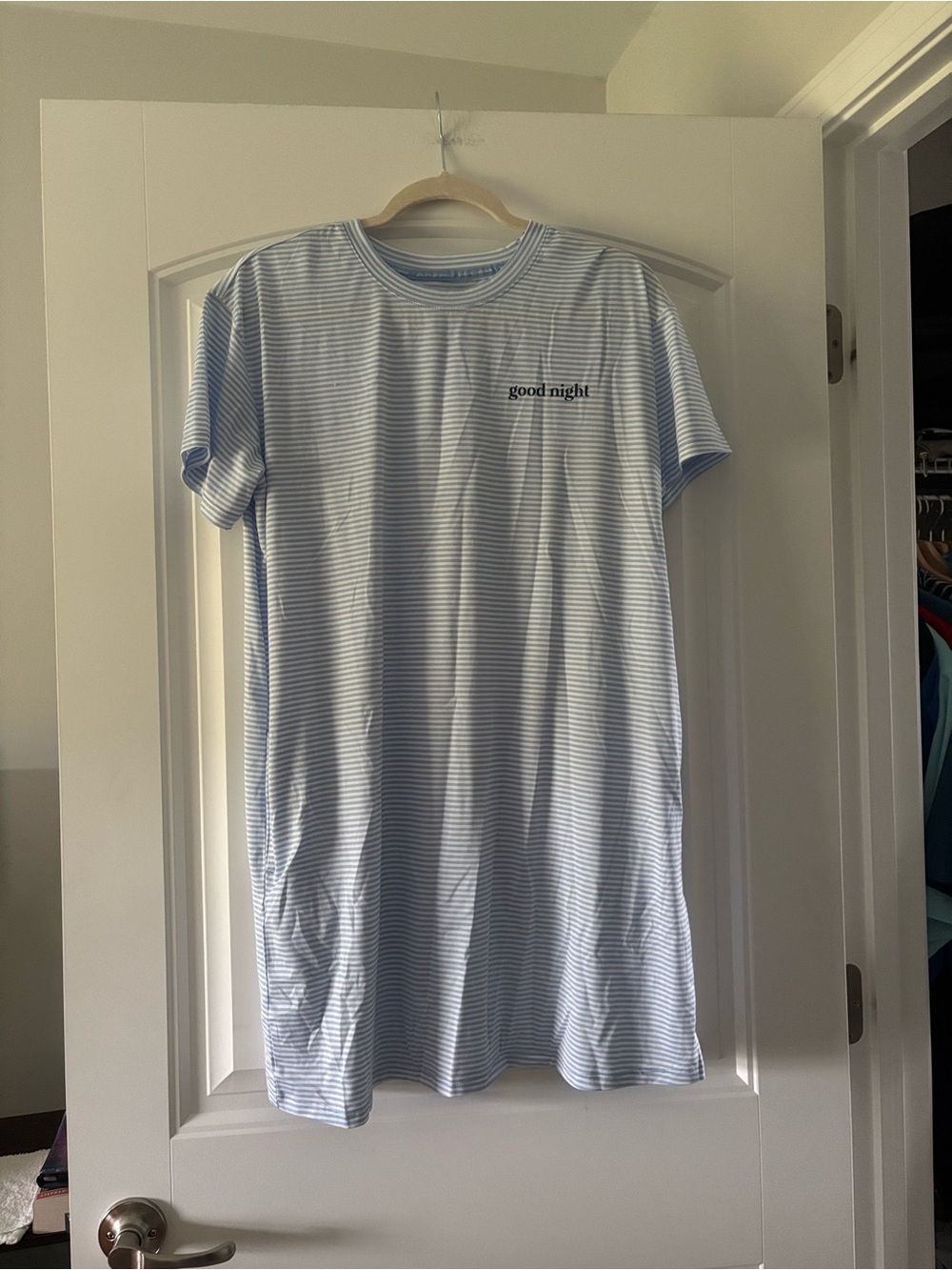 Striped Light Blue Women’s Nightshirt - 'Good Night' Chest Print